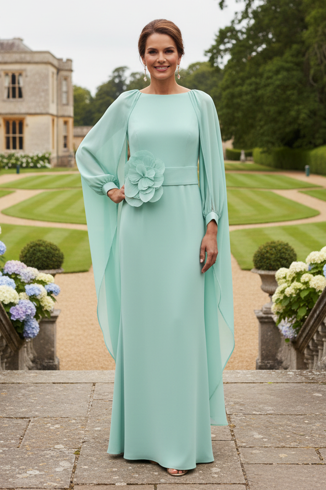 Chiffon Cape Gown with 3D Flower Detail