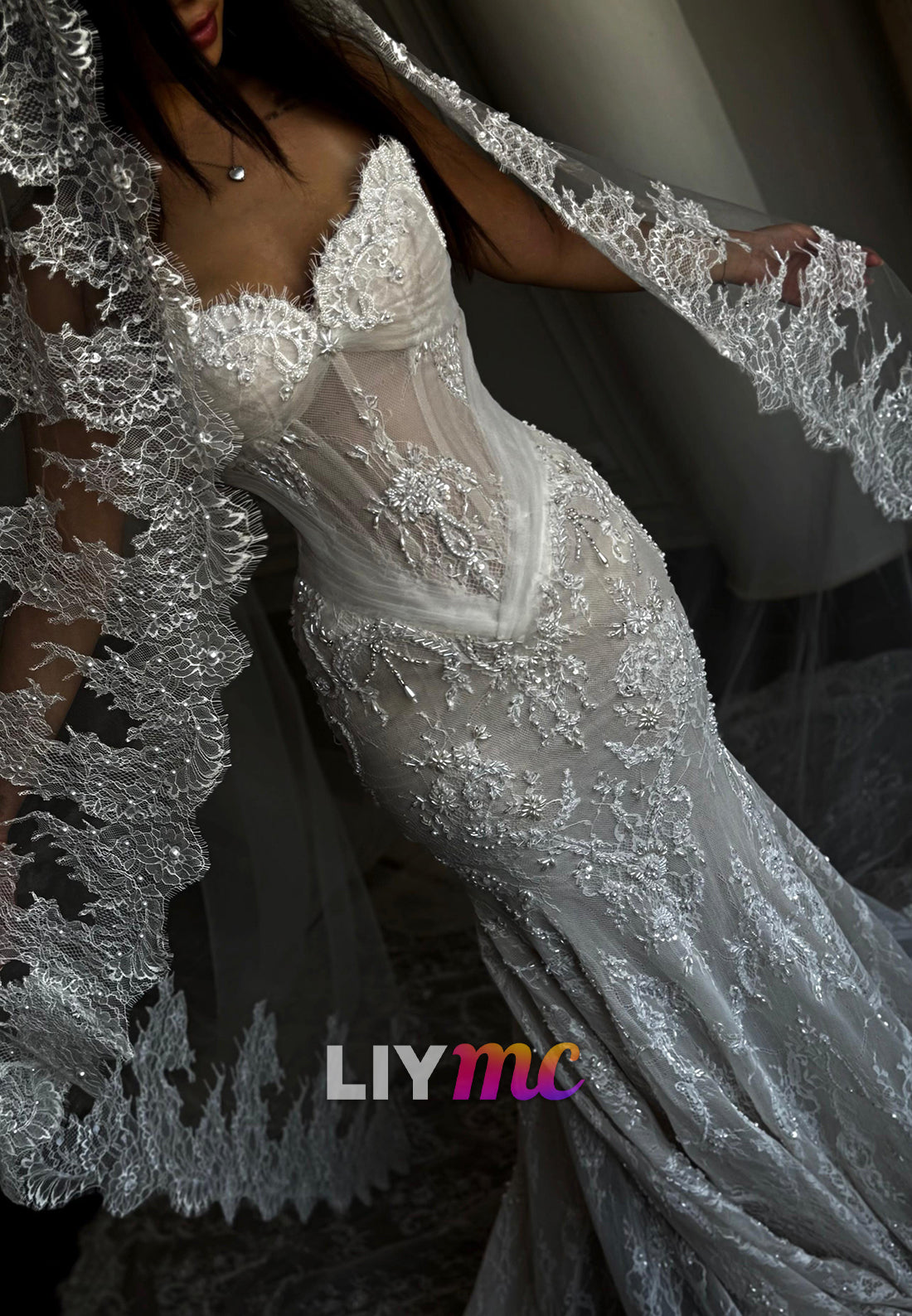 Corset Mermaid Lace Wedding Dress with Beaded Back