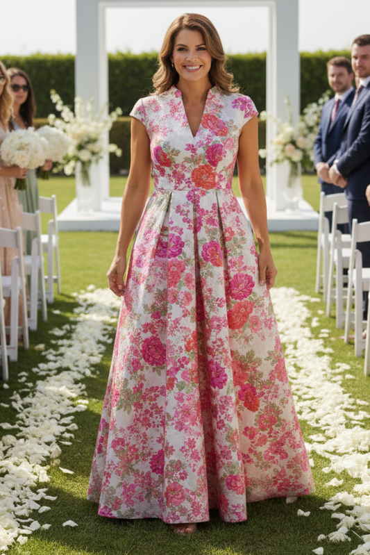 Floral Print A-Line Maxi Dress with Cap Sleeves