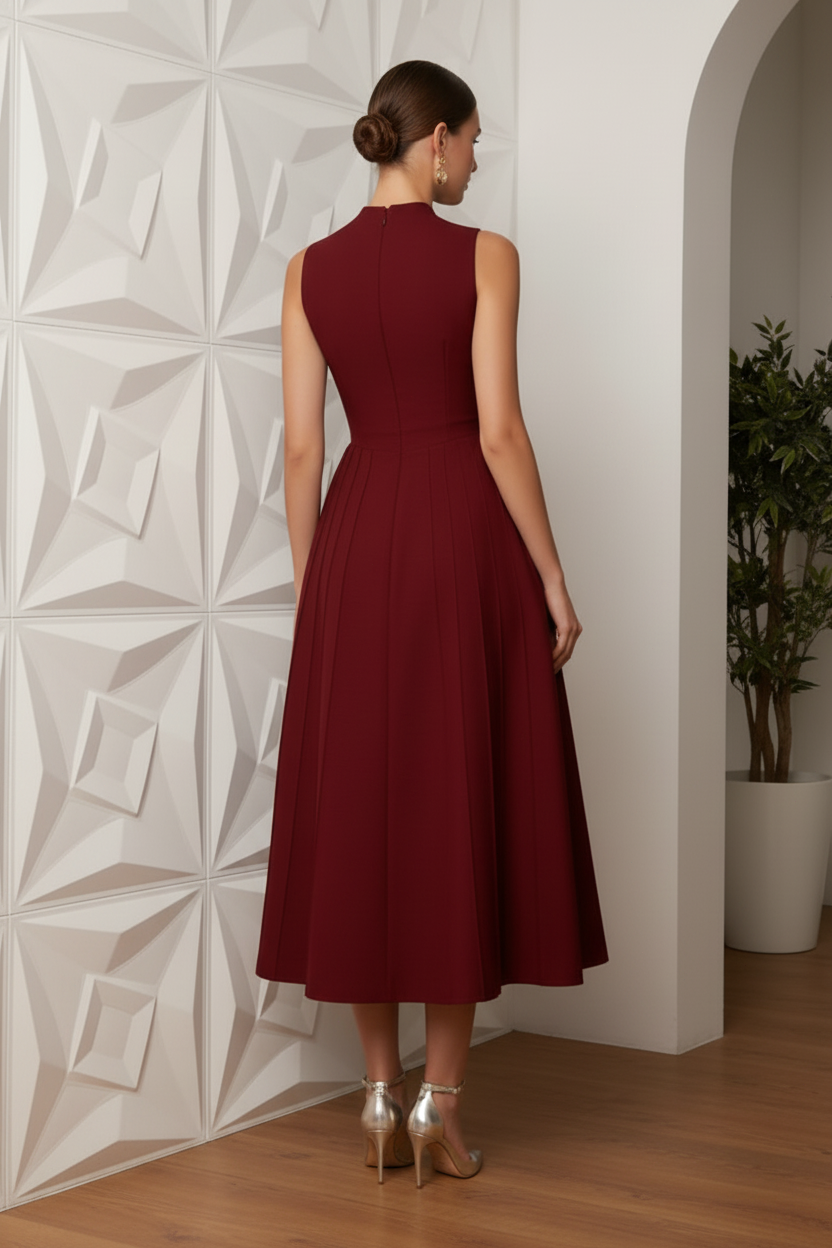 Sleeveless Pleated V-Neck Midi A-Line Dress
