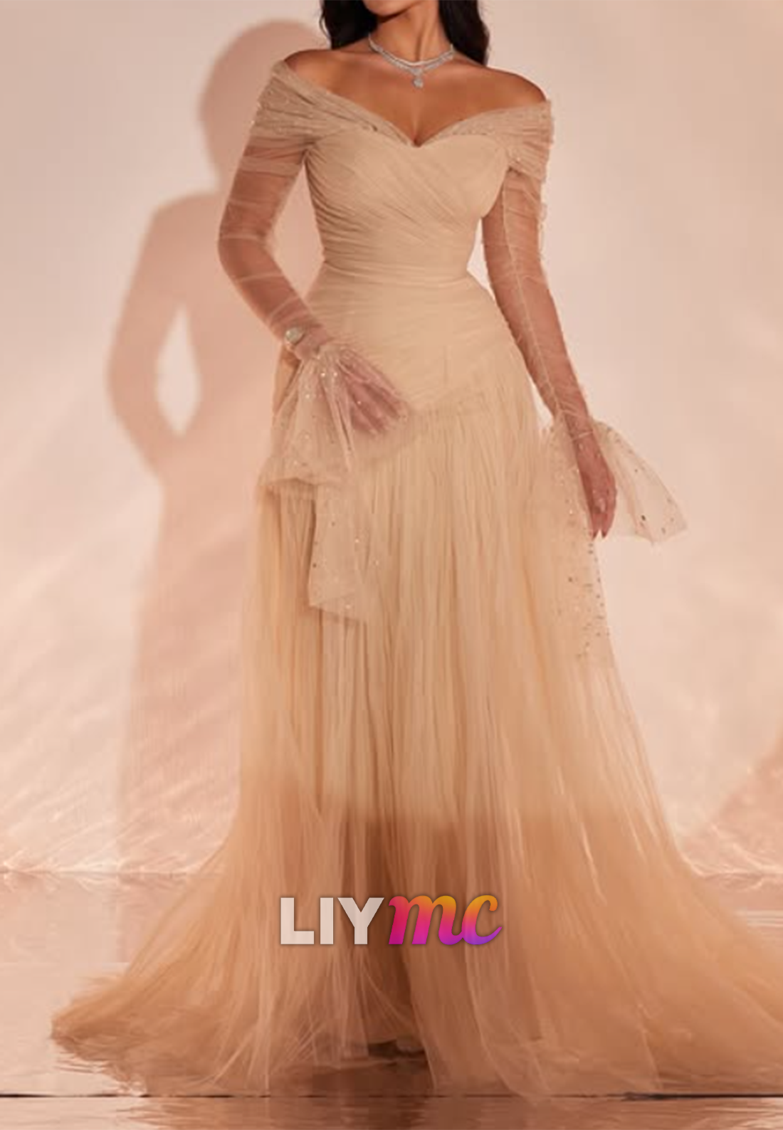 Off-Shoulder Ruched Tulle Gown with Bell Sleeves
