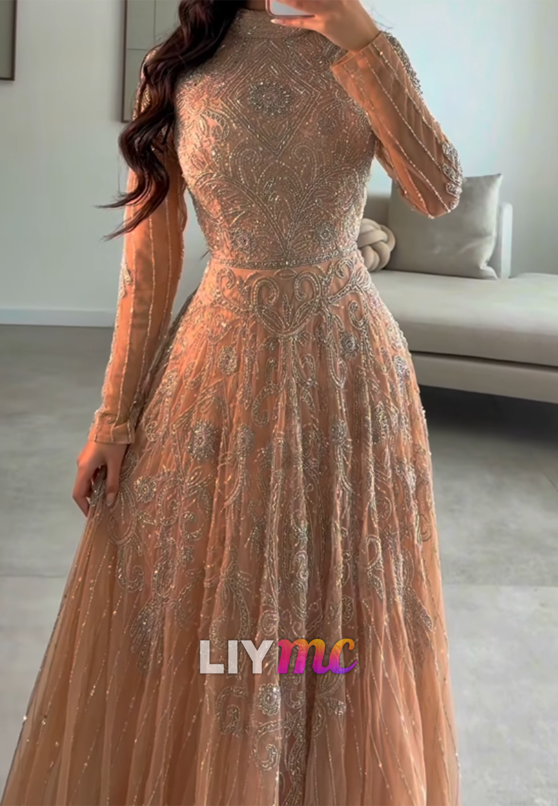 Elegant High-Neck Beaded Tulle A-Line Evening Dress