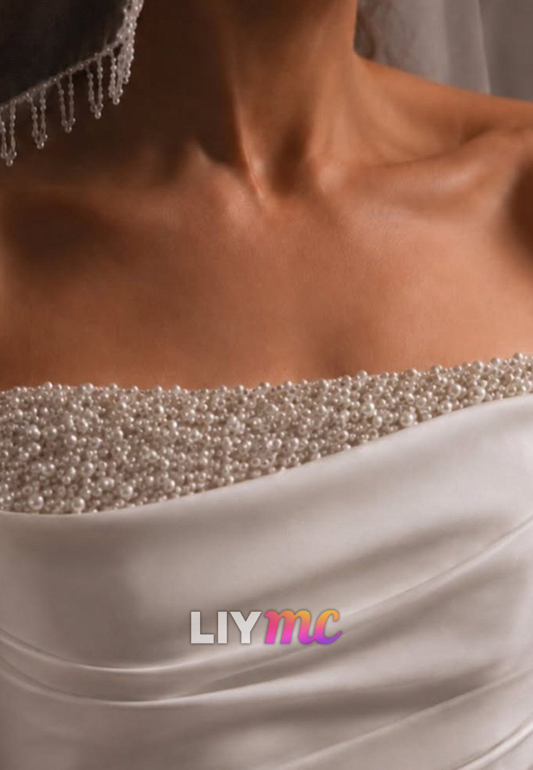 Pearl-Trimmed Off-the-Shoulder Ruched Wedding Gown