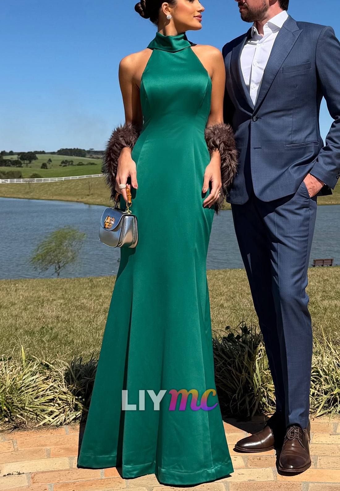 High-Neck Halter Satin Floor-Length Evening Gown