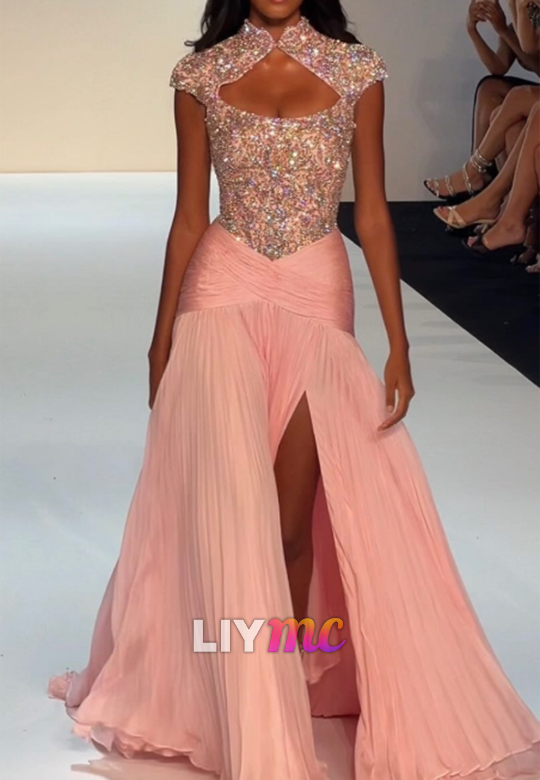 Crystal Bodice Pleated Evening Gown with Slit
