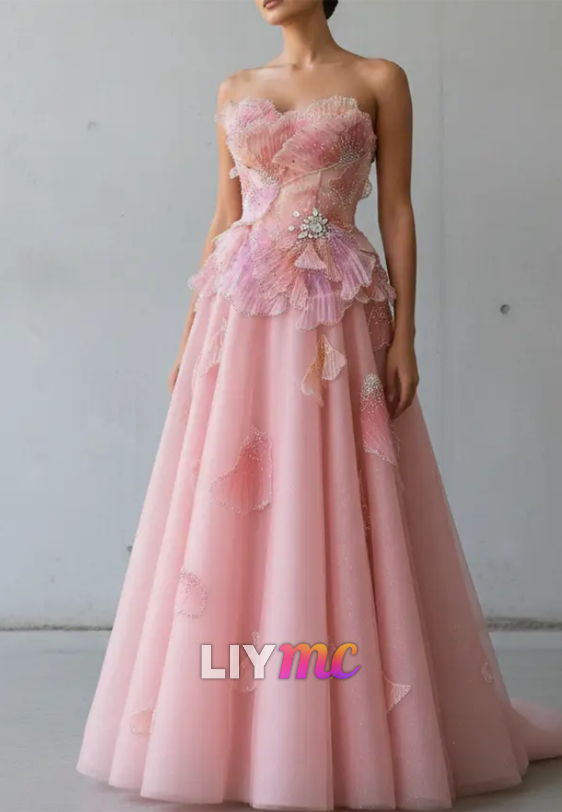 Strapless Pleated 3D Floral Corset Ball Gown
