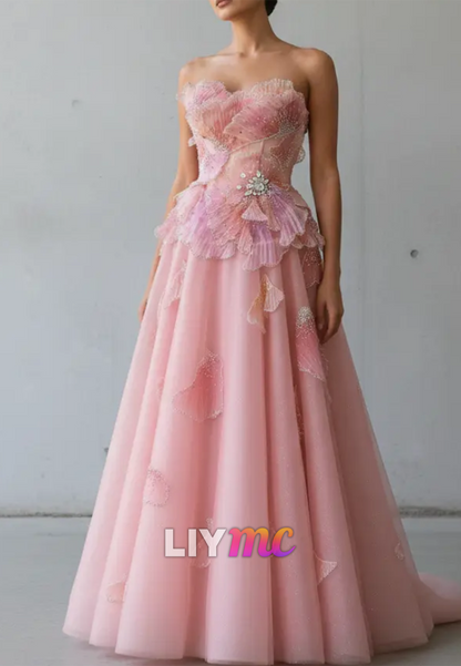 Strapless Pleated 3D Floral Corset Ball Gown