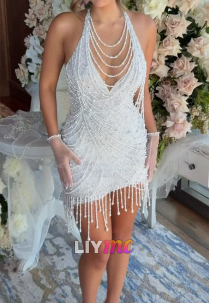 Halter Beaded Pearl Fringe Mini Dress