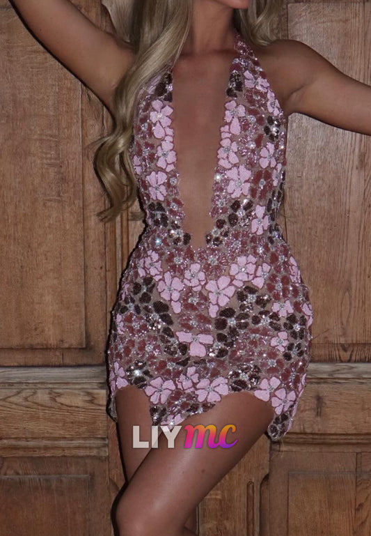 Floral Sequin Halter Mini Dress with Open Back