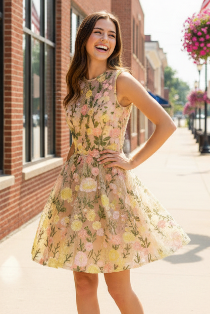 Floral Embroidered Mesh Fit and Flare Mini Dress