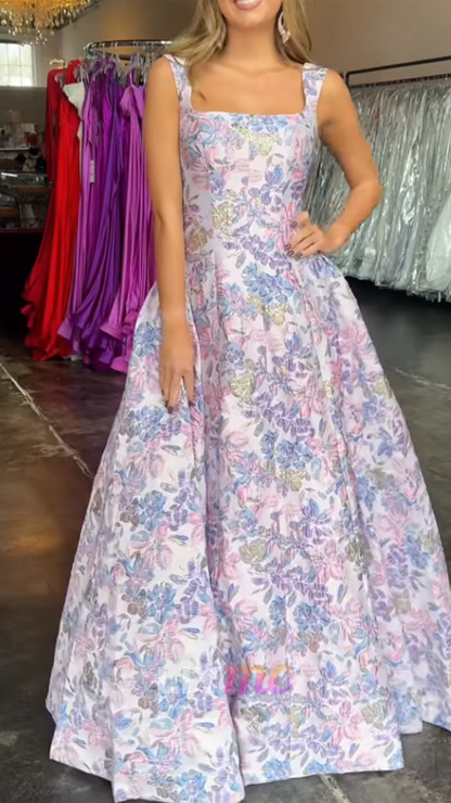 Square Neck Floral Jacquard Evening Gown