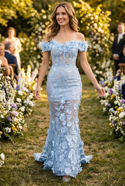 3D Floral Off-the-Shoulder Sheath Evening Gown