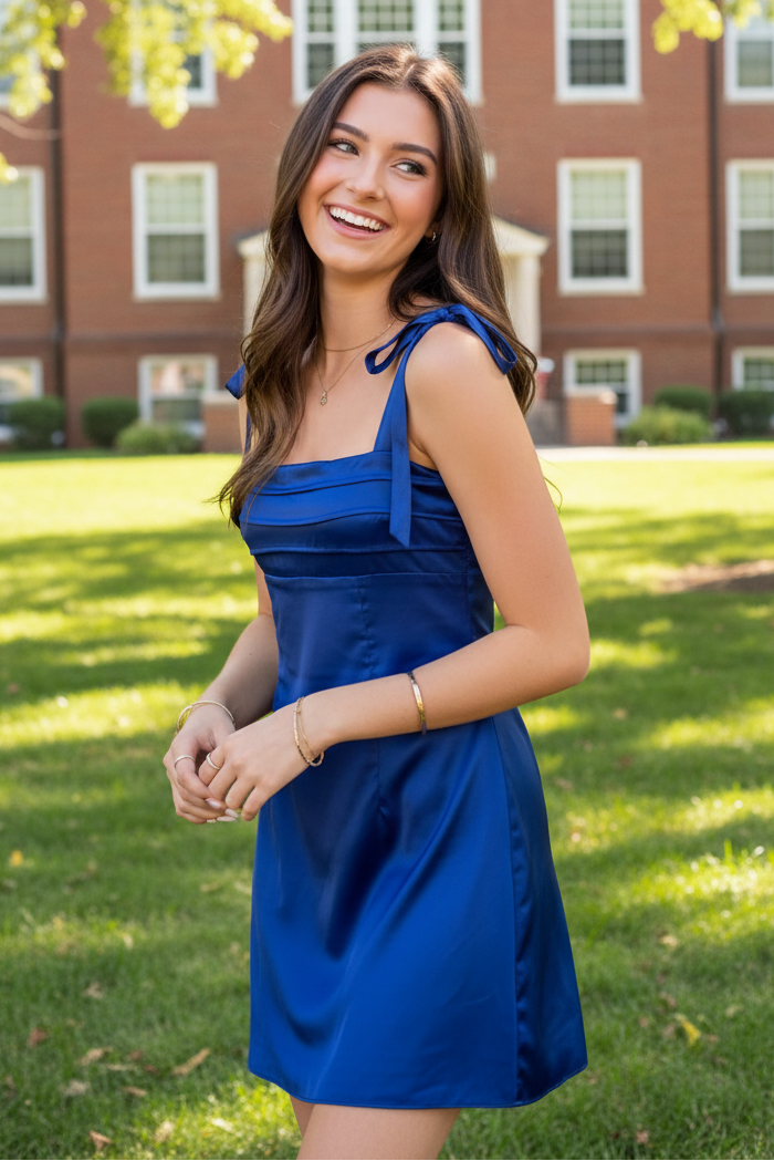 Pleated Bust Satin A-Line Mini Dress