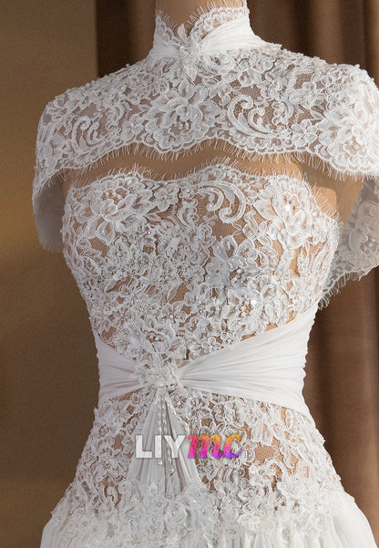 High Neck Capelet Lace Short Wedding Dress