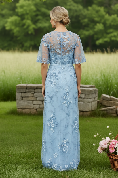 3D Floral Applique Flutter Sleeve Evening Gown