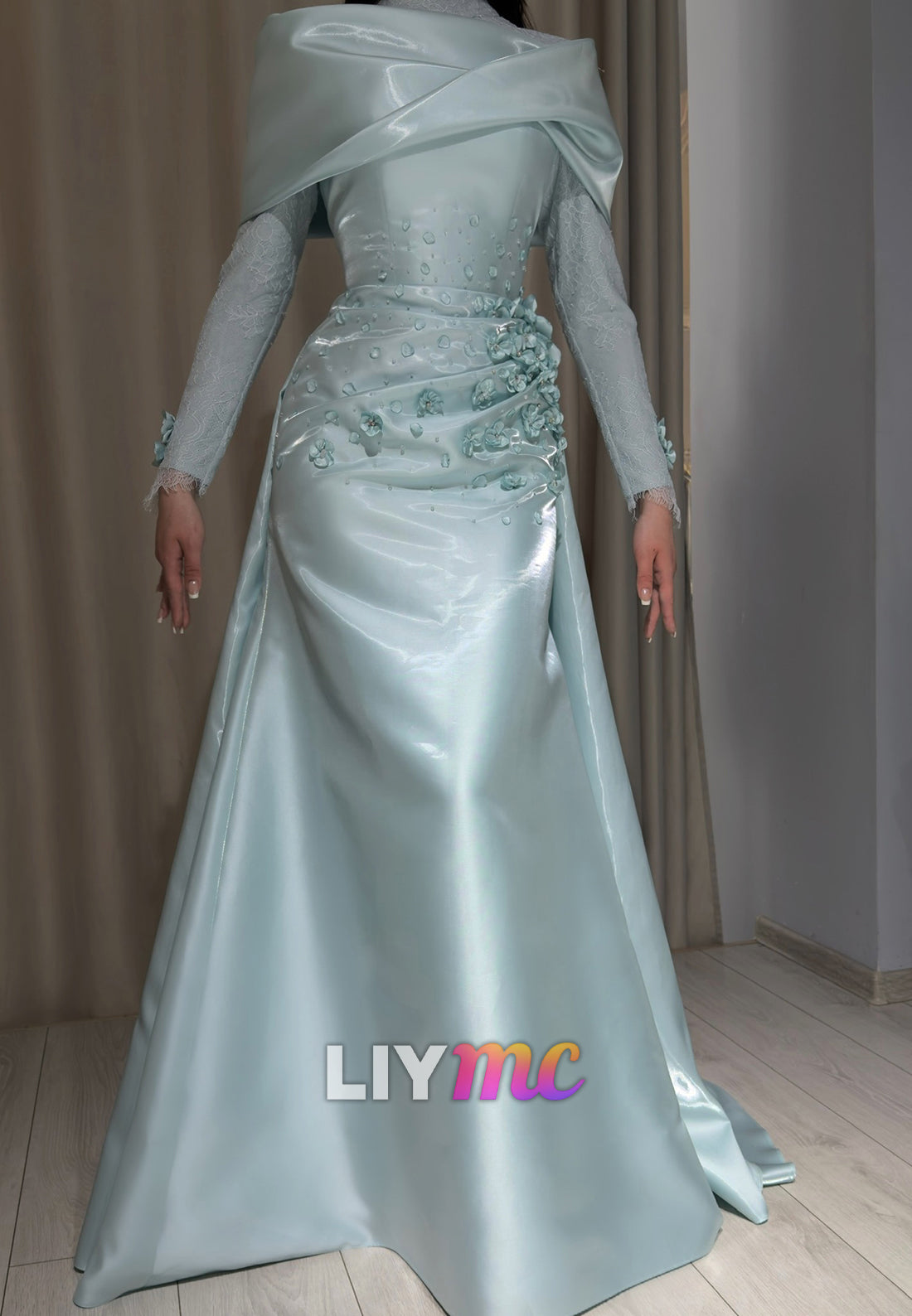 High-Neck Long Sleeve Satin A-Line Evening Gown
