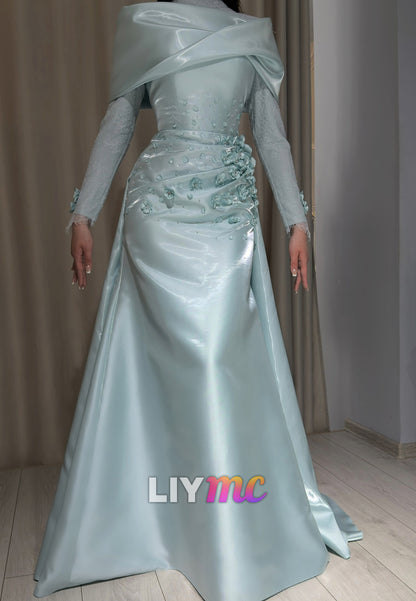 High-Neck Long Sleeve Satin A-Line Evening Gown