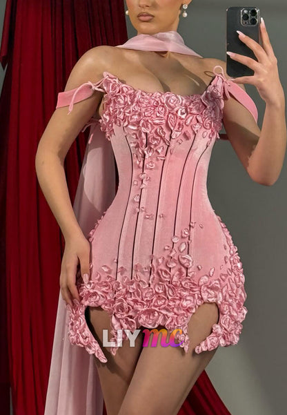 3D Floral Applique Corset Mini Dress with Scarf