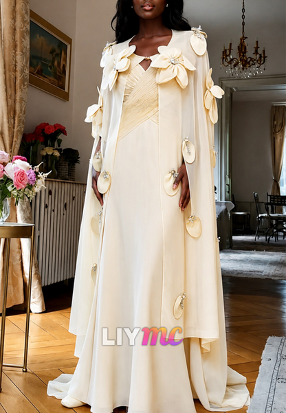 Floral Cape Overlay Pleated Bodice Evening Gown