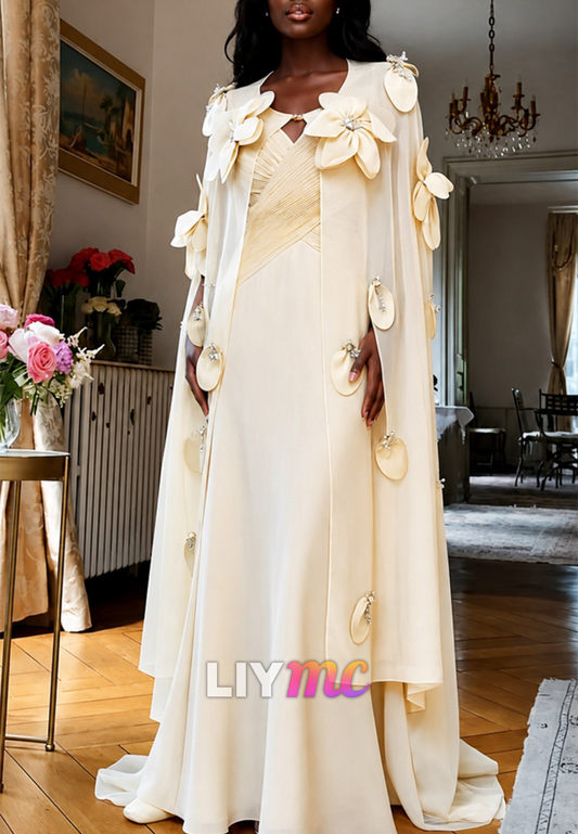 Floral Cape Overlay Pleated Bodice Evening Gown