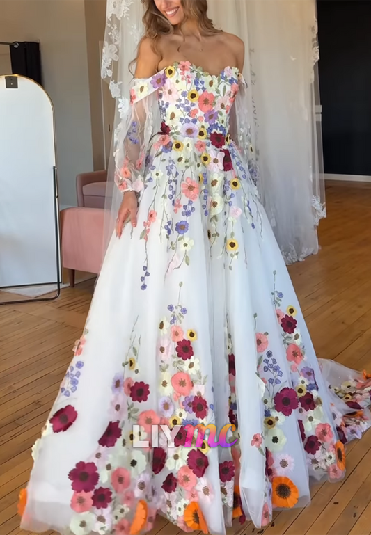Off Shoulder Floral 3D Applique Ball Gown Wedding Dress
