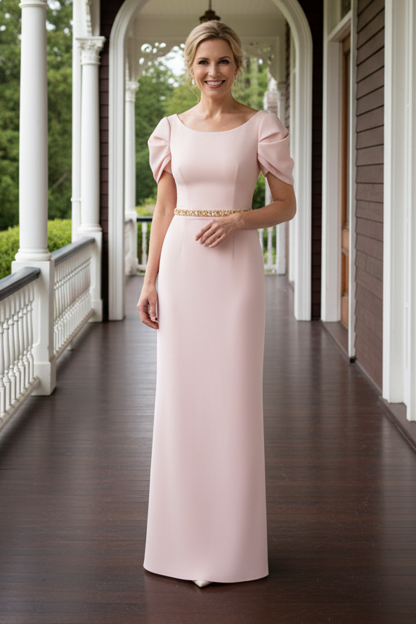 Pleated Cap Sleeve Column Gown with Embellished Waist