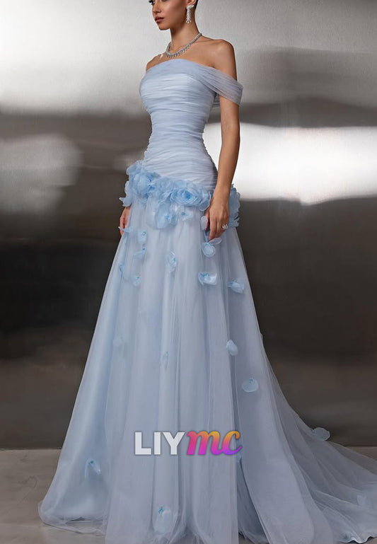 Ruched Off-the-Shoulder Tulle Gown with 3D Florals
