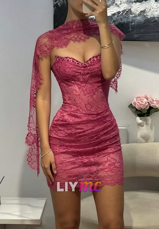 Ruched Lace Corset Mini Dress with Asymmetric Cape