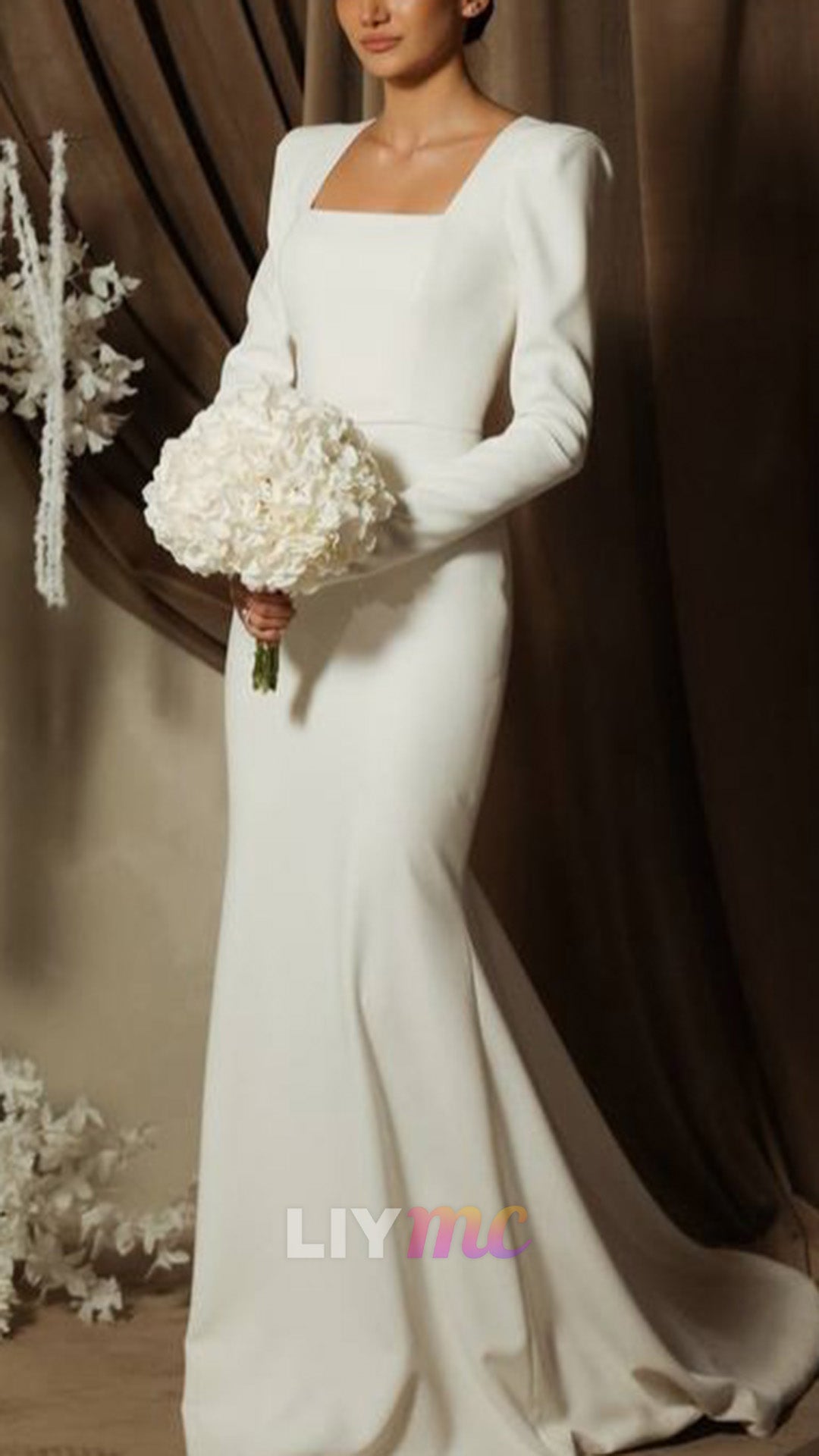 Square Neck Long Sleeve Trumpet Wedding Dress