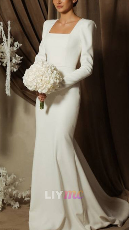 Square Neck Long Sleeve Trumpet Wedding Dress
