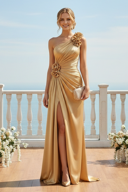 One-Shoulder Satin Evening Gown with 3D Flowers