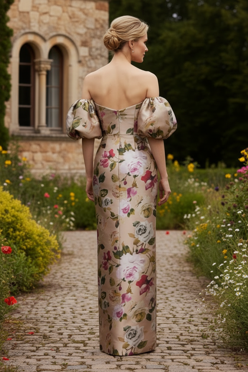 Floral Jacquard Off-the-Shoulder Column Gown