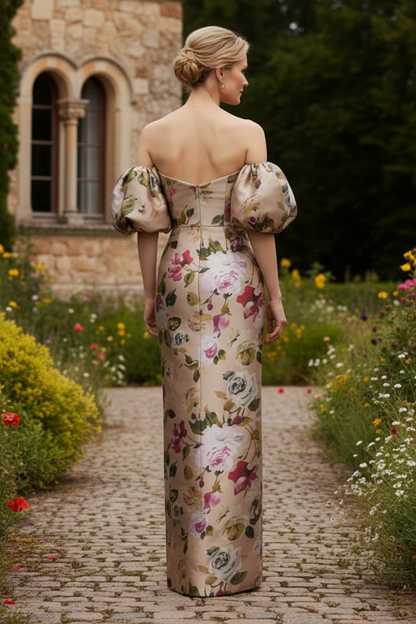 Floral Jacquard Off-the-Shoulder Column Gown