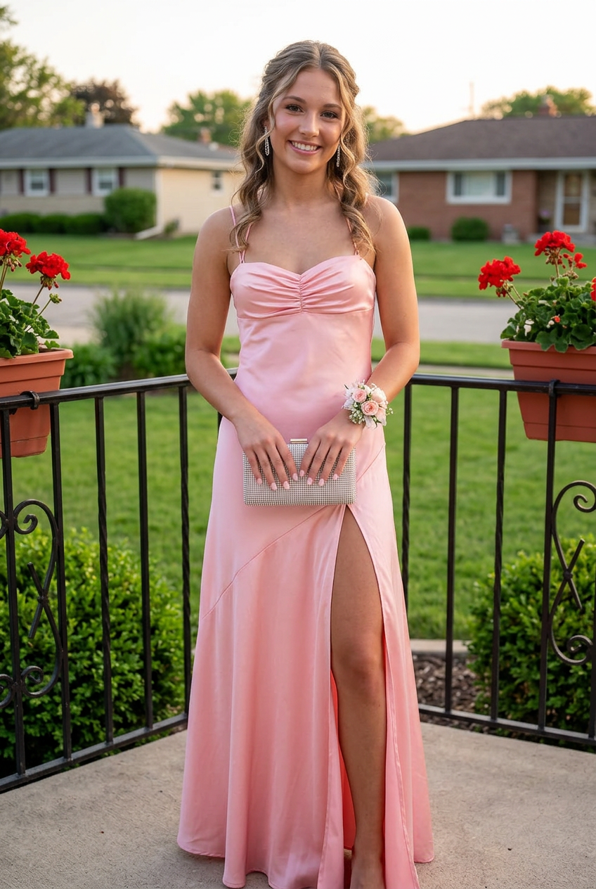 Ruched Maxi Slip Dress with High Slit and Lace-Up Back