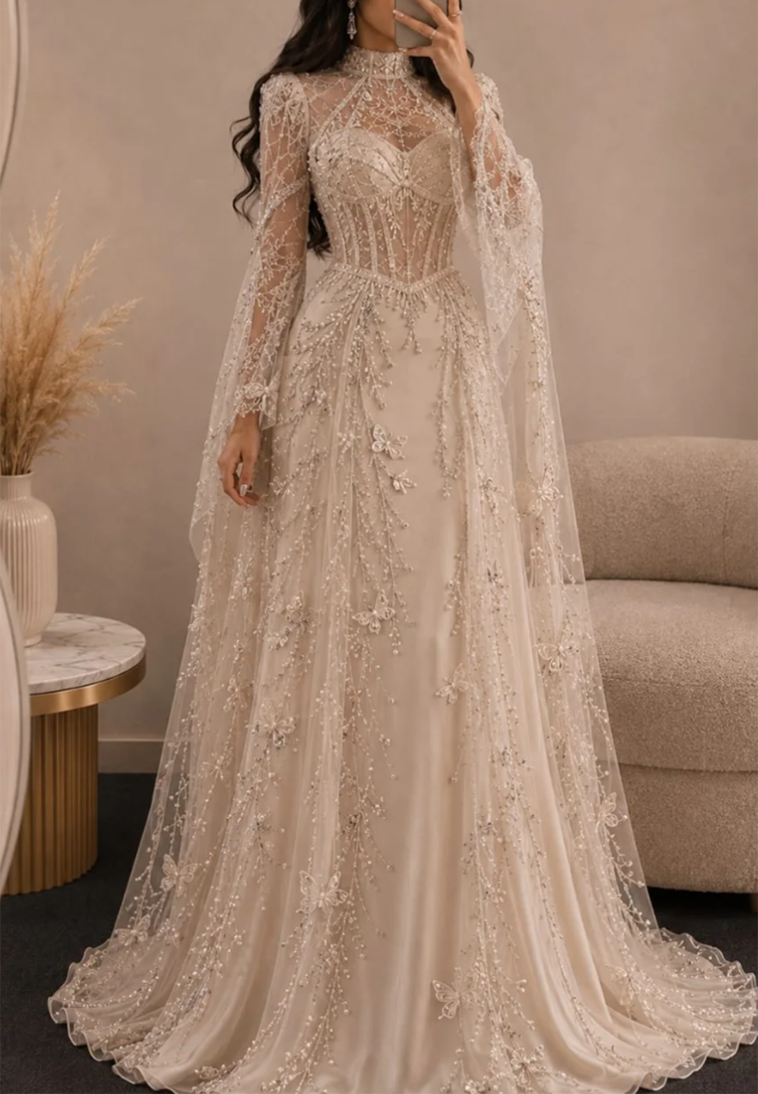 Illusion High Neck Wedding Gown with Cape Sleeves