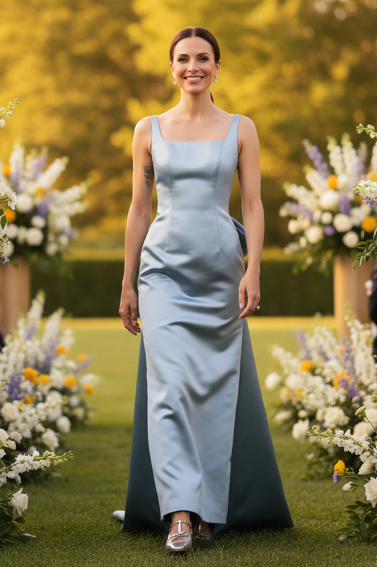 Square Neck Satin Gown with Back Bow