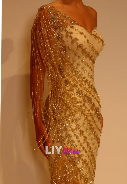 One-Shoulder Beaded Fringe Evening Gown