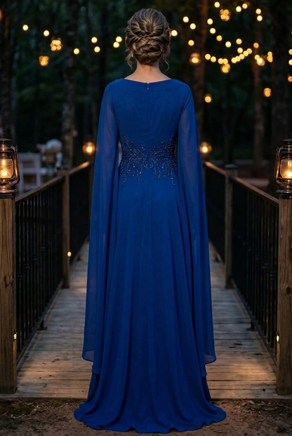 V-Neck Cape Sleeve Embroidered Evening Gown