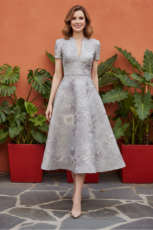 Floral Jacquard Fit-and-Flare Midi Dress with Pockets