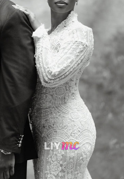 High Neck Beaded Lace Mermaid Wedding Dress