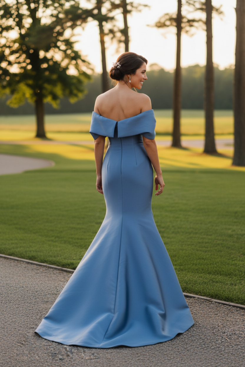 Off-the-Shoulder A-Line Evening Gown with Pleats