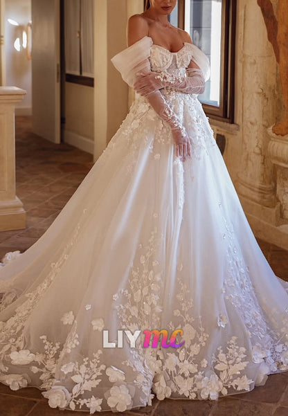 Floral Applique Corset Ball Gown Wedding Dress