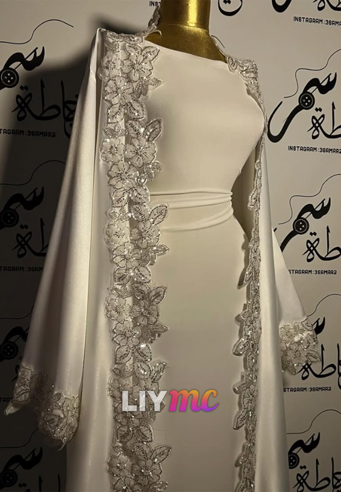 Long-Sleeve Column Dress with Lace-Trimmed Satin Cape
