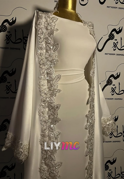 Long-Sleeve Column Dress with Lace-Trimmed Satin Cape