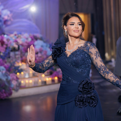 Lace & Ruched Evening Gown with 3D Rosettes