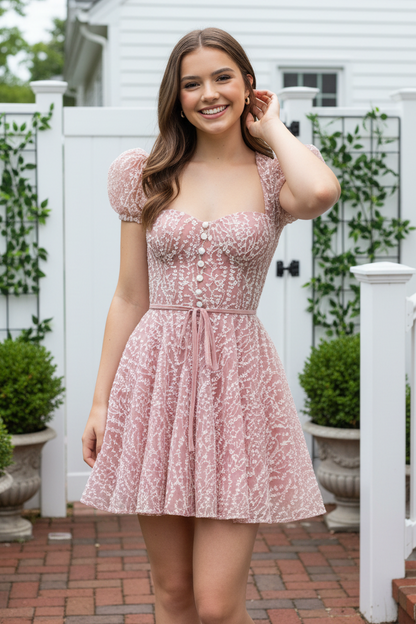 Floral Embroidered Puff Sleeve Mini Dress