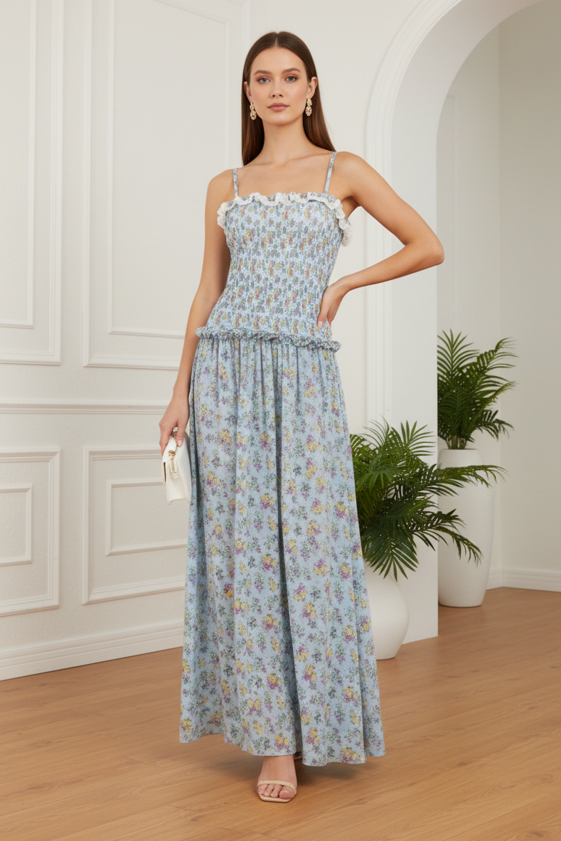 Floral Smocked Spaghetti Strap Maxi Dress