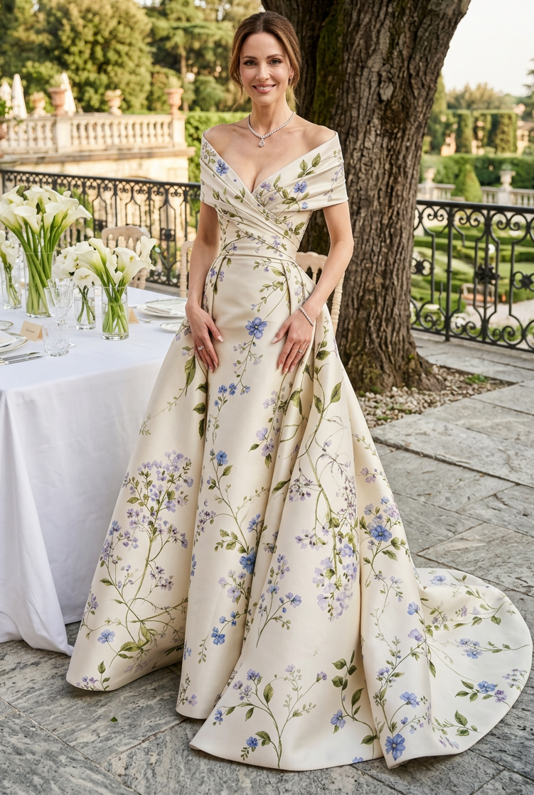 Floral Print Off-the-Shoulder Ball Gown
