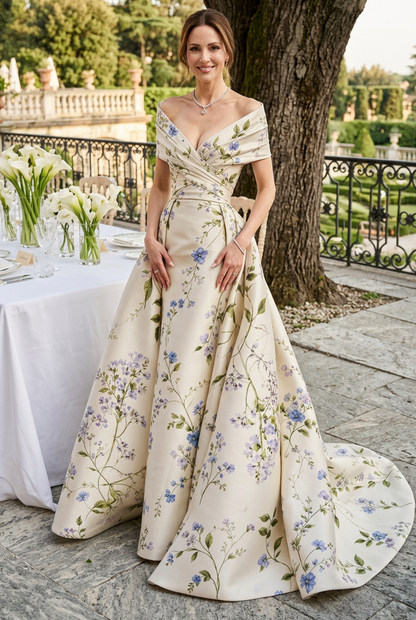 Floral Print Off-the-Shoulder Ball Gown