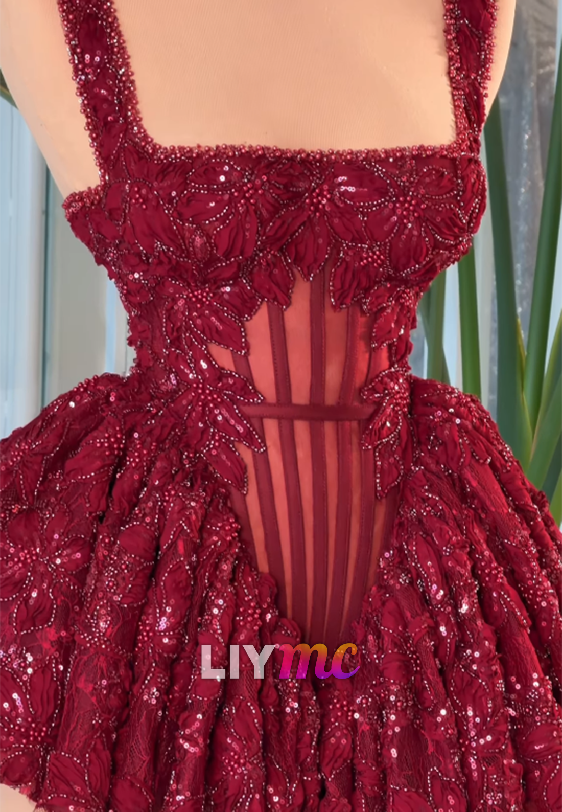 Corset Mini Dress with Beaded Floral Appliques